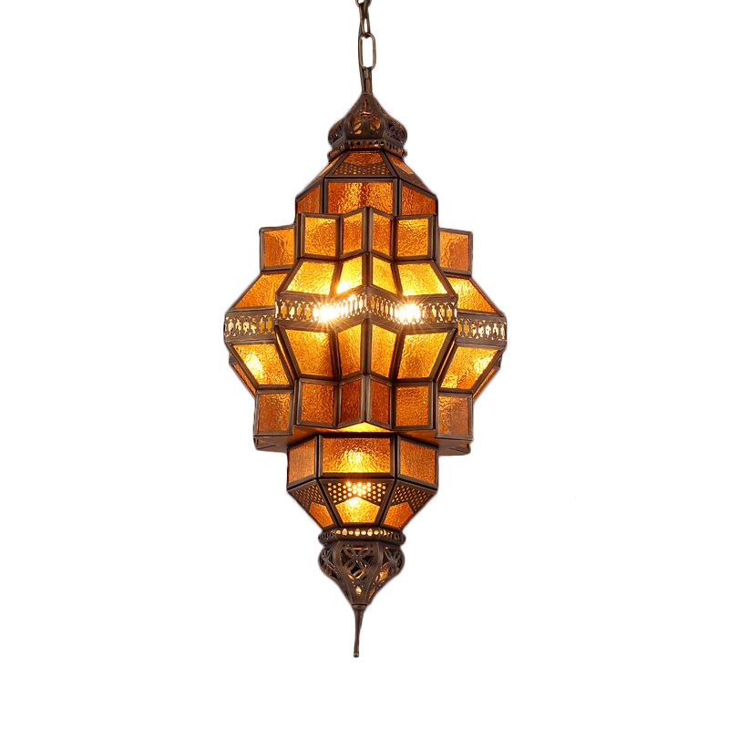 Antique Geometric Pendant Lamp 12 Bulbs Amber Textured Glass Ceiling Chandelier in Brass