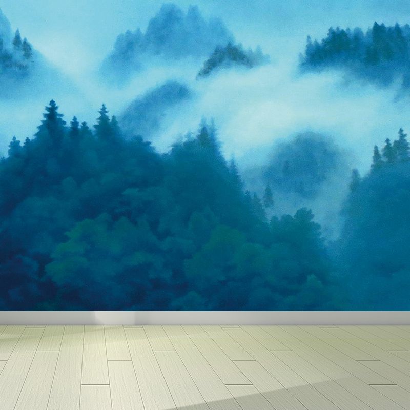 Contemporary Misty Forest Mural Decal Green Bedroom Wall Covering, Made to Measure