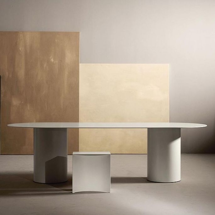 Modern Solid Wood Table for Restaurant Oval Dining Table in White with Double Pedestal