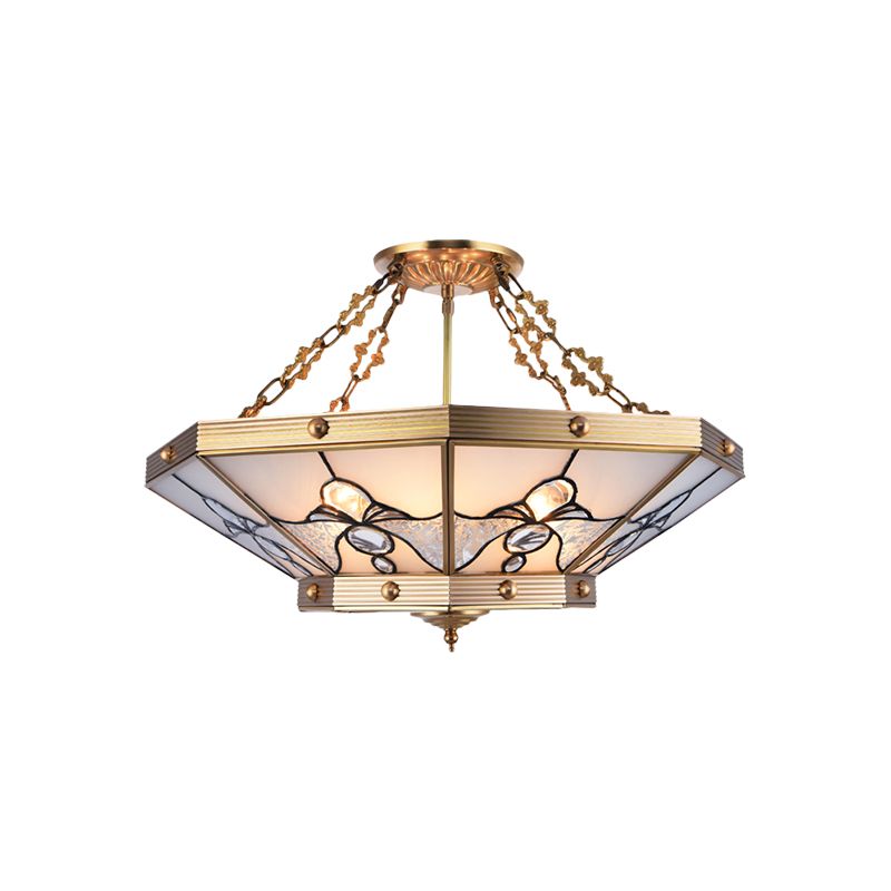 Brass 4 Lights Semi-Flush Ceiling Light Colonialism Bevel Frosted Glass Tapered Ceiling Mount Chandelier for Bedroom, 16"/19.5"  W