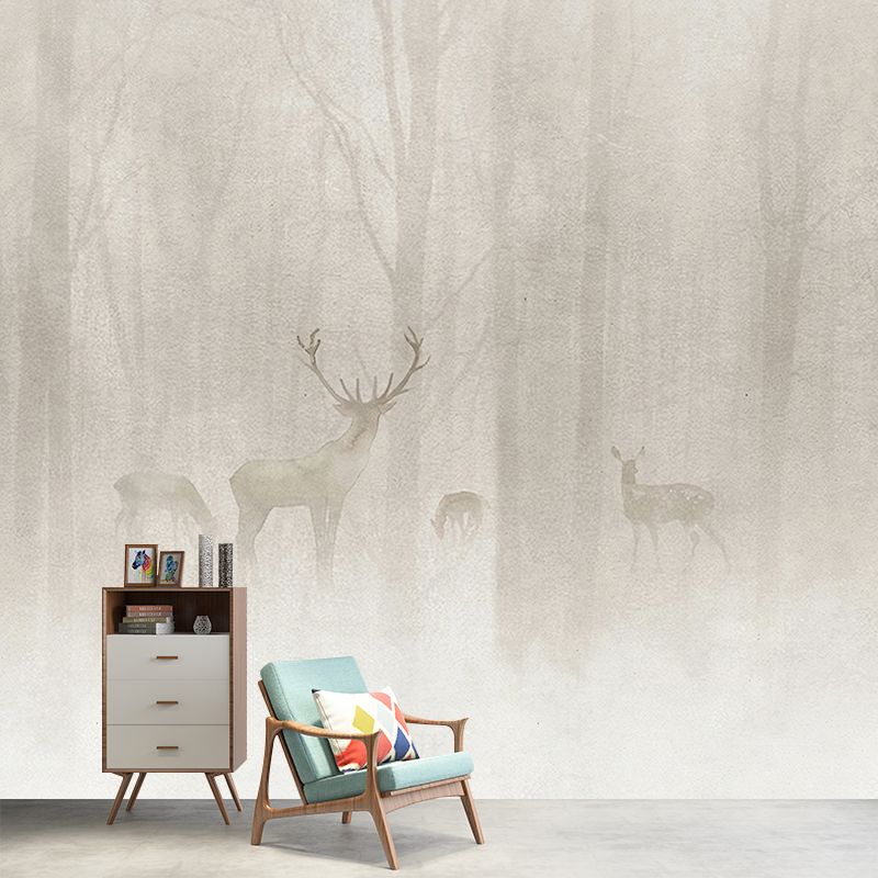 Whole Animal Mural for Bathroom Foggy Forest Deer Patterned Wall Art in Grey, Moisture Resistant