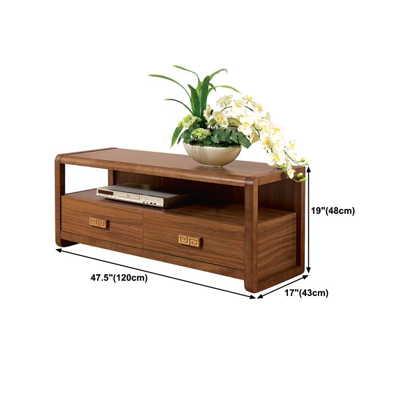 Brown Rubber Wood TV Stand Contemporary Style TV Cabinet with 2 Drawers