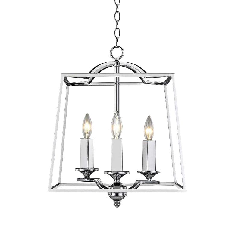 Polished Silver 3 Heads Pendant Light Industrial Style Metal Trapezoid Cage Hanging Ceiling Fixture