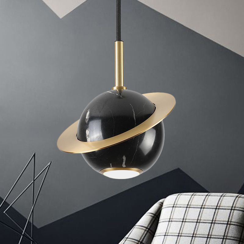 Mini Space Planet Kitchen Pendant Marble 1 Bulb Postmodern Ceiling Suspension Lamp in Green/White/Black-Brass