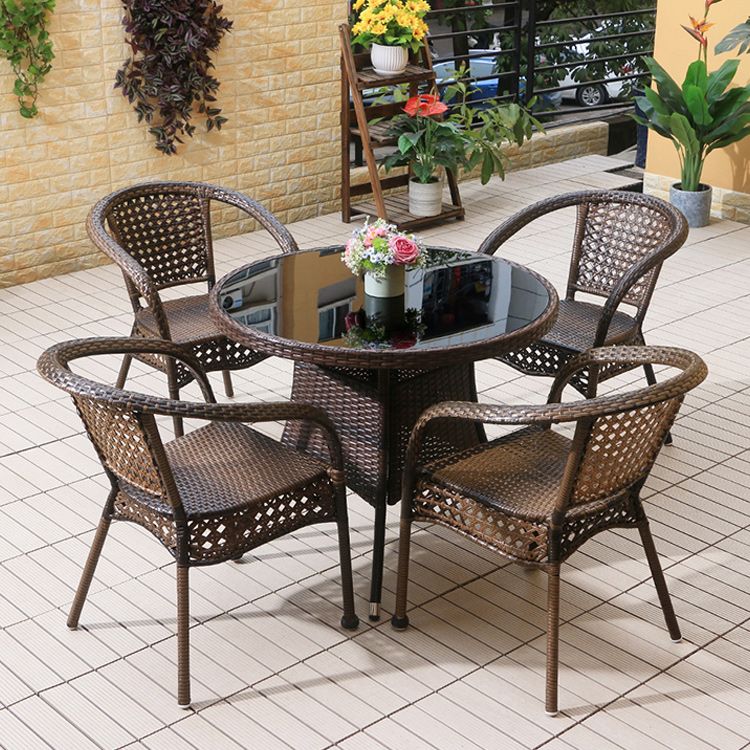 Faux Rattan Patio Dining Side Chair with Steel Base in Brown