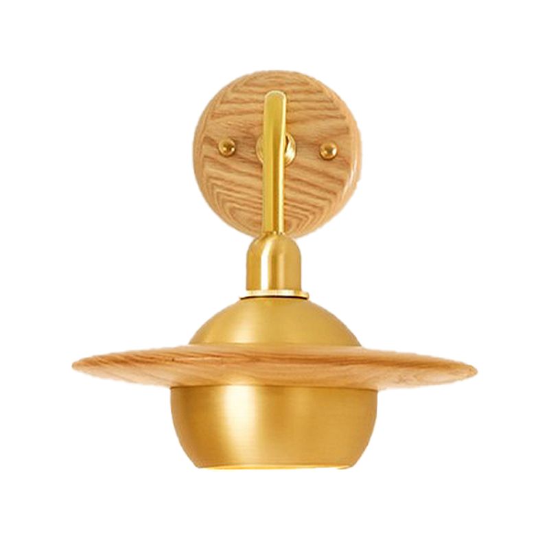 Wood Dome Wall Lighting Fixture Asian Single Head Metal Wall Mount Light for Bedroom