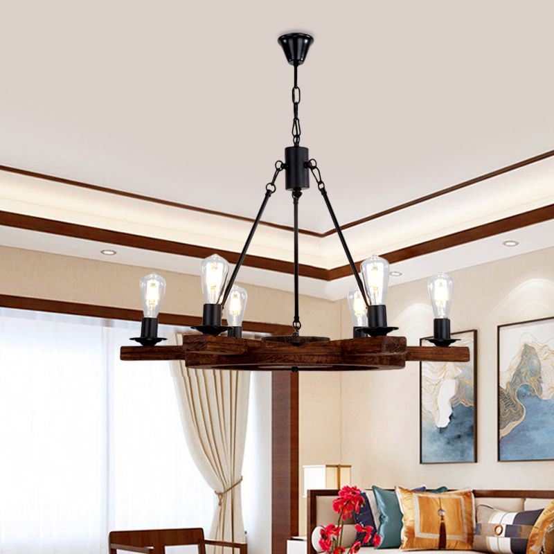6 Lights Rudder Chandelier Light Fixture Country Brown Wood Ceiling Fixture with Bare Bulb Design for Bedroom