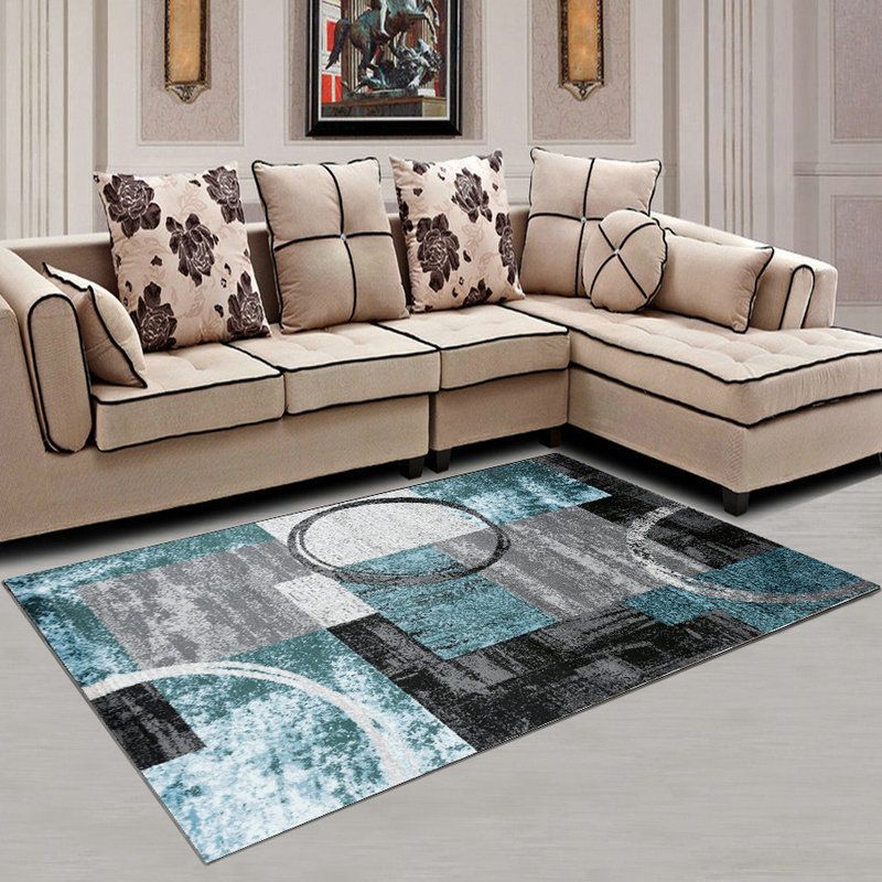 White Abstract Pattern Rug Polyester Modern Rug Washable Rug for Living Room