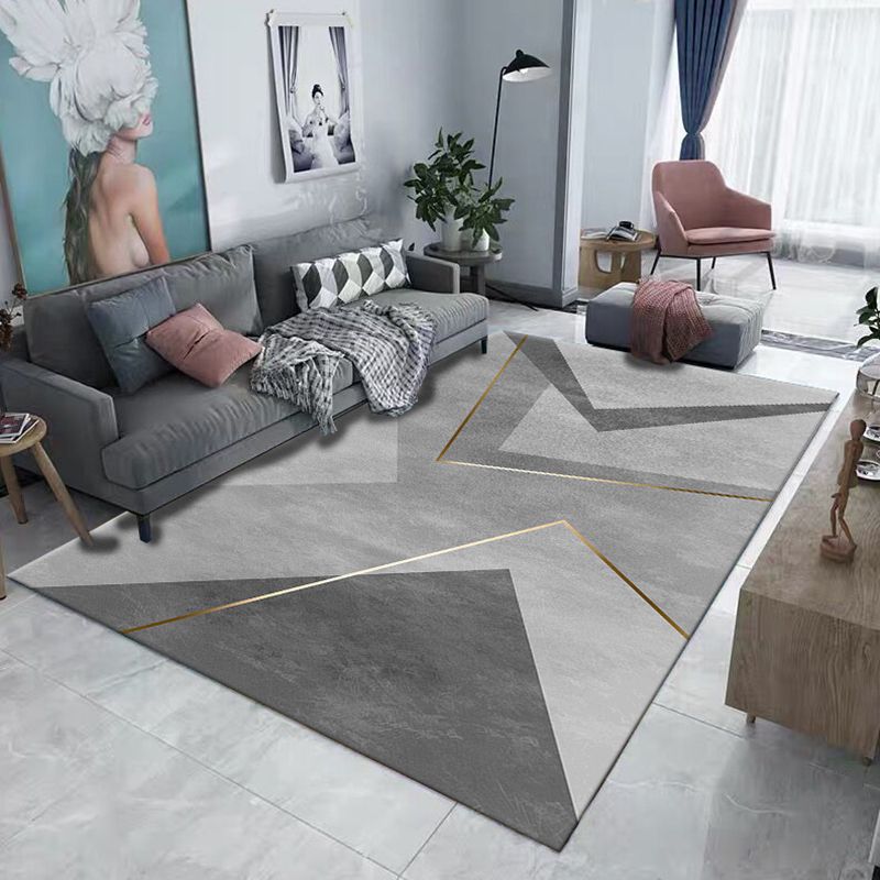 Grey Tone Modern Area Rug Polyester Geometric Splicing Print Rug Non-Slip Backing Indoor Rug for Living Room