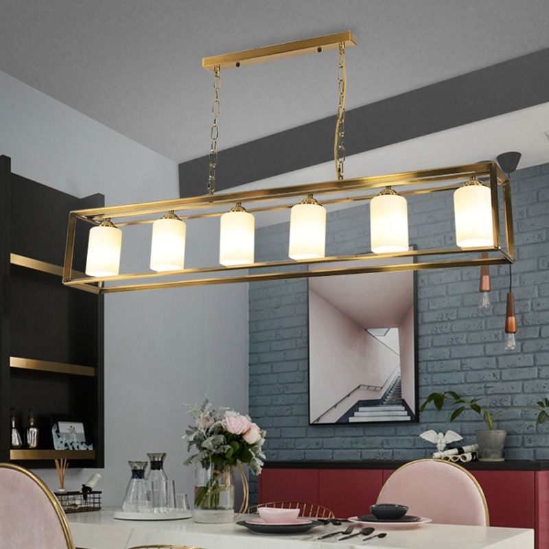 Black/Brass 5/6 Lights Island Light Fixture Traditional Opal Glass Rectangular Pendant Lighting