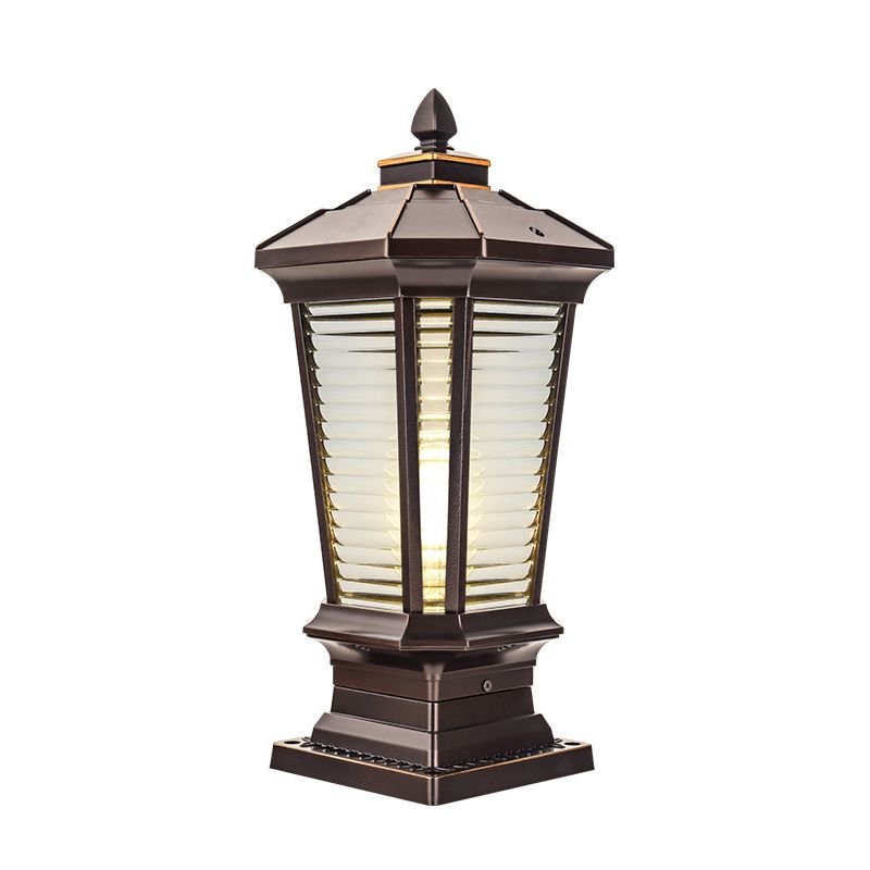 Metal Contemporary Pillar Lamp Pavilion Shape Outdoor Waterproof Light with Glass Shade