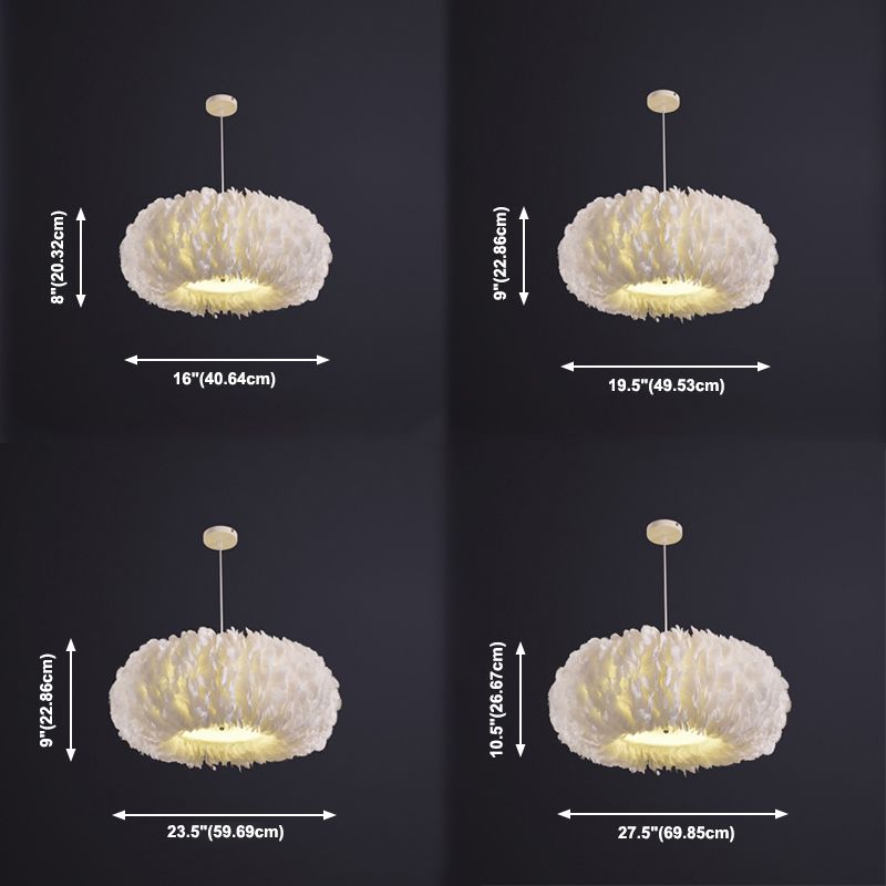 Bedroom Feather Pendant Lamp Nordic Style Round Shape Feather Hanging Chandelier Lamp