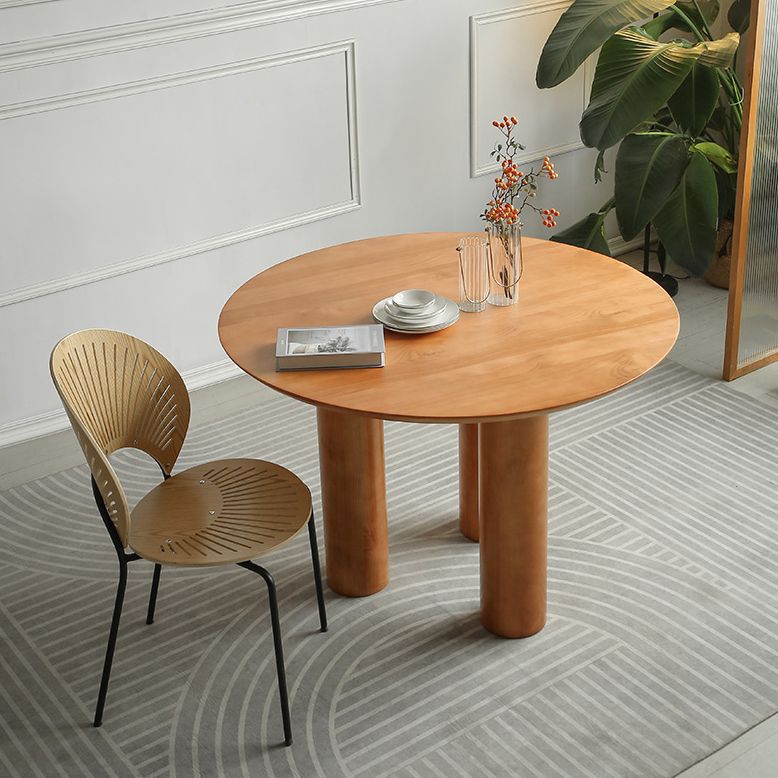 Round Pedestal Contemporary Dining Table Brown Tone Fixed Table of Solid Wood