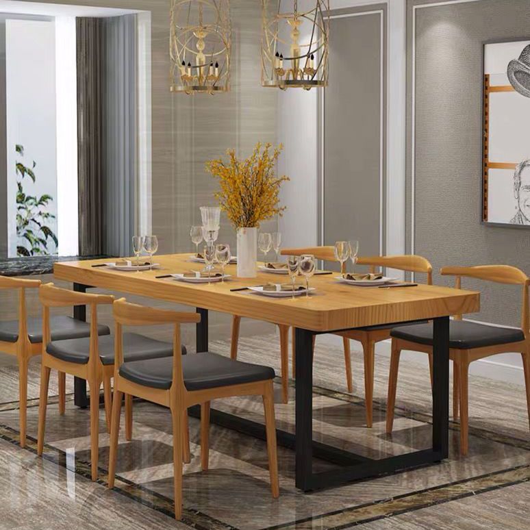 Industrial Rectangle Dining Table Set 1/2/5/6/7 Pieces Natural Solid Wood Dinette Set