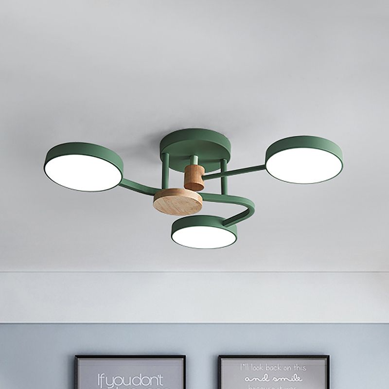 Round Semi Flushmount Lighting Macaron Metallic LED Bedroom Flush Mount Lamp Fixture in Grey/White/Green with Curved Arm