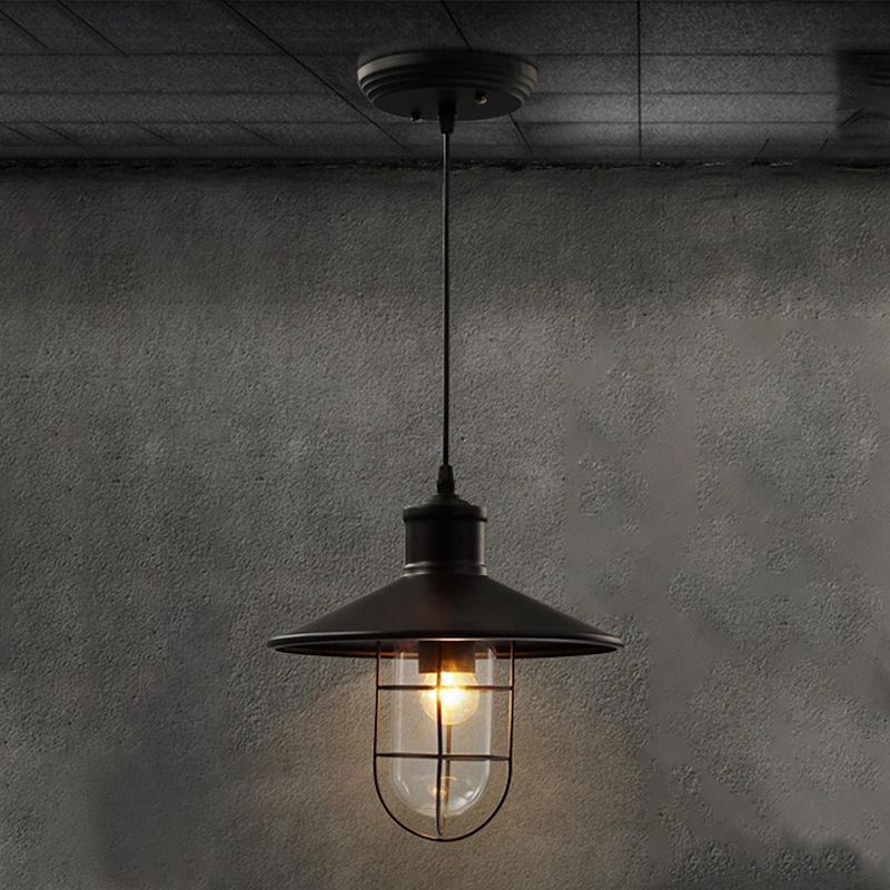 Iron Frame Single Pendant Light in Industrial Retro Style Glass Cone Hanging Lamp in Black
