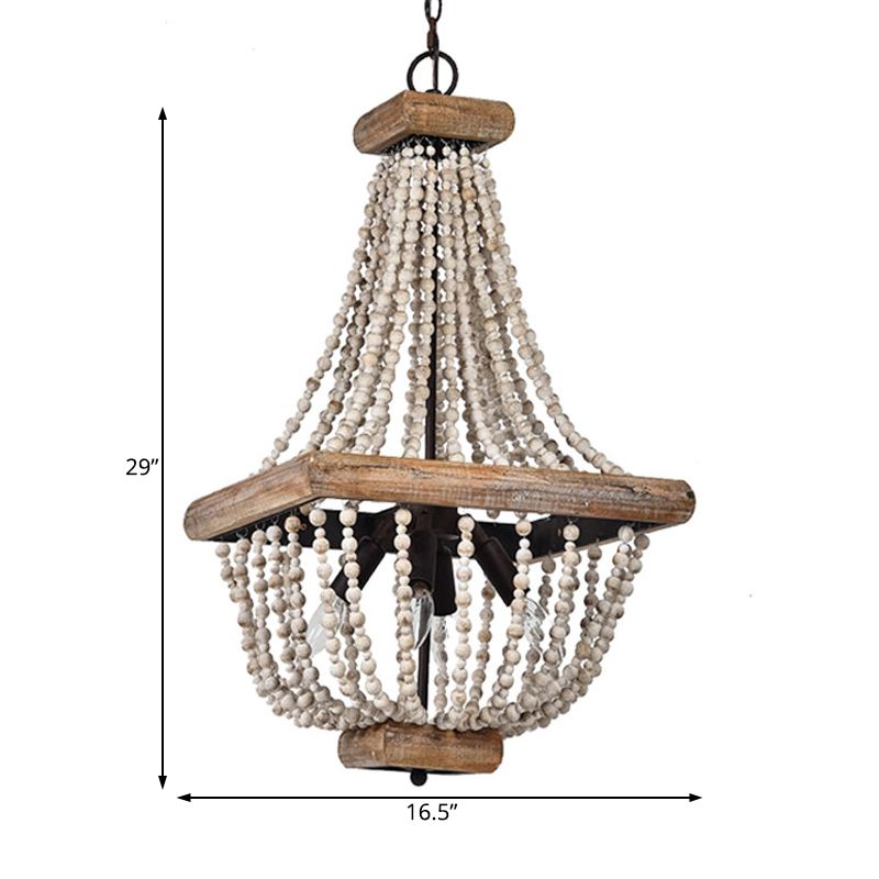 Empire Shape Living Room Chandelier Traditional Wooden Strand 4 Lights Dark Wood Hanging Lamp