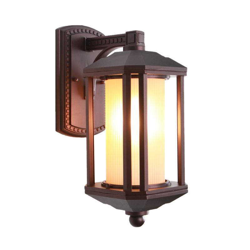 Dark Coffee Cylinder Wall Light Sconce Country Frosted Glass 1 Head Outdoor Wall Lighting Ideas with Frame