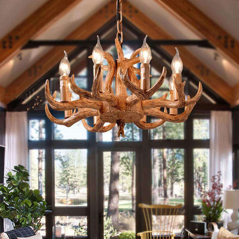 Lodge Stylish Antlers Kronleuchter Beleuchtung 8 Lichter Harzheizenleuchte mit offener Glühbirne in Holz