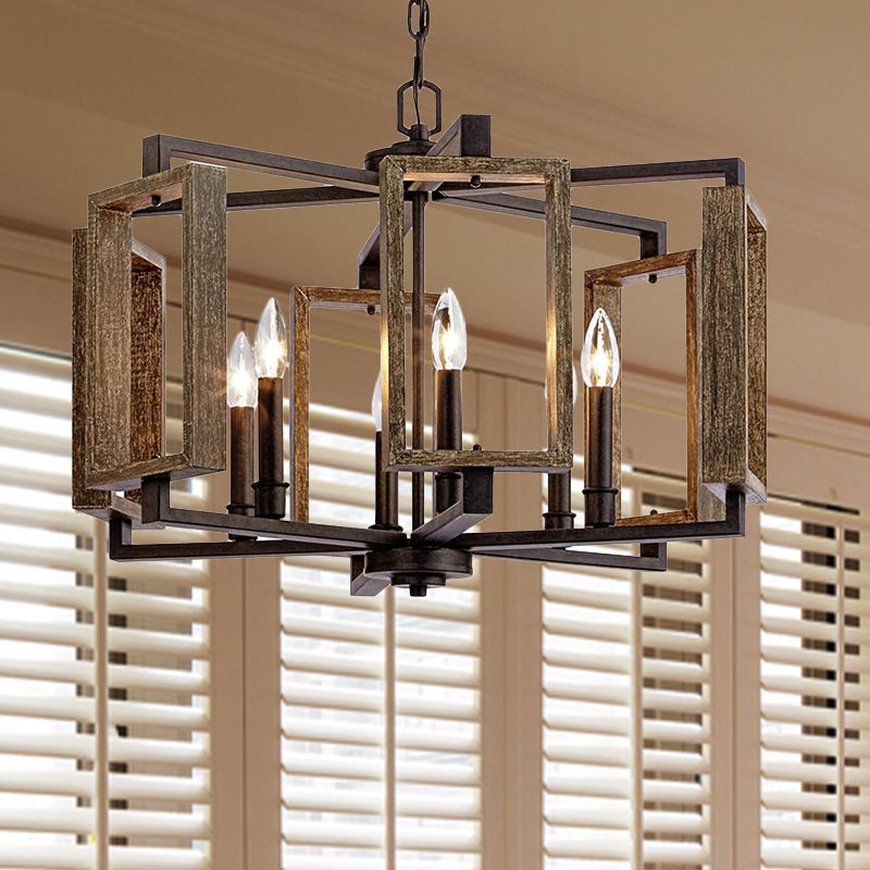 Brown 6 Lights Chandelier Lighting Rustic Metal Rectangular Pendant Lamp for Bedroom