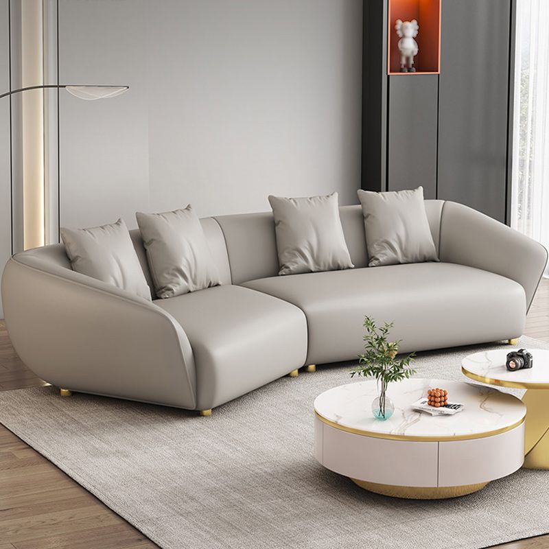 Glam Sloped Arm Sofa with Pillows Genuine Leather Sofa in Gray