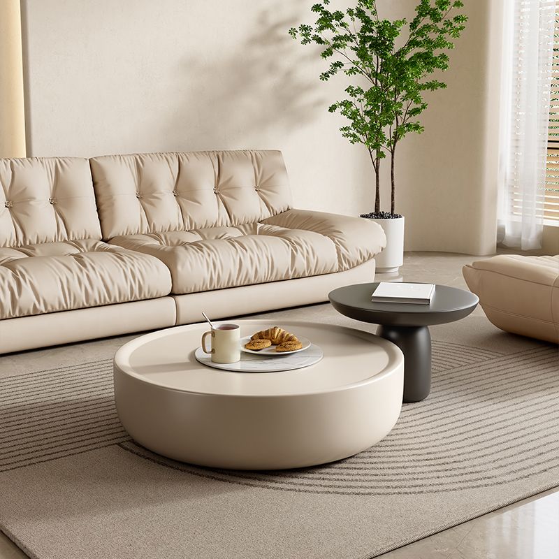 Contemporary Round White Cocktail Table 1 Drawer Drum Coffee Table Set