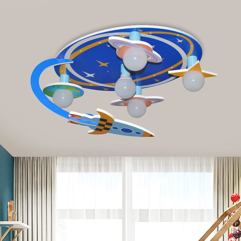 Wood Starry Sky Semi Flushmount Nordic 5-Light Blue Finish Flush Mount Ceiling Lamp for Bedroom