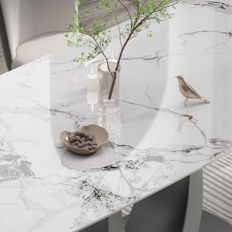Rectangular Stone Top Dining Table Double Pedestal Metal Base for Living Room