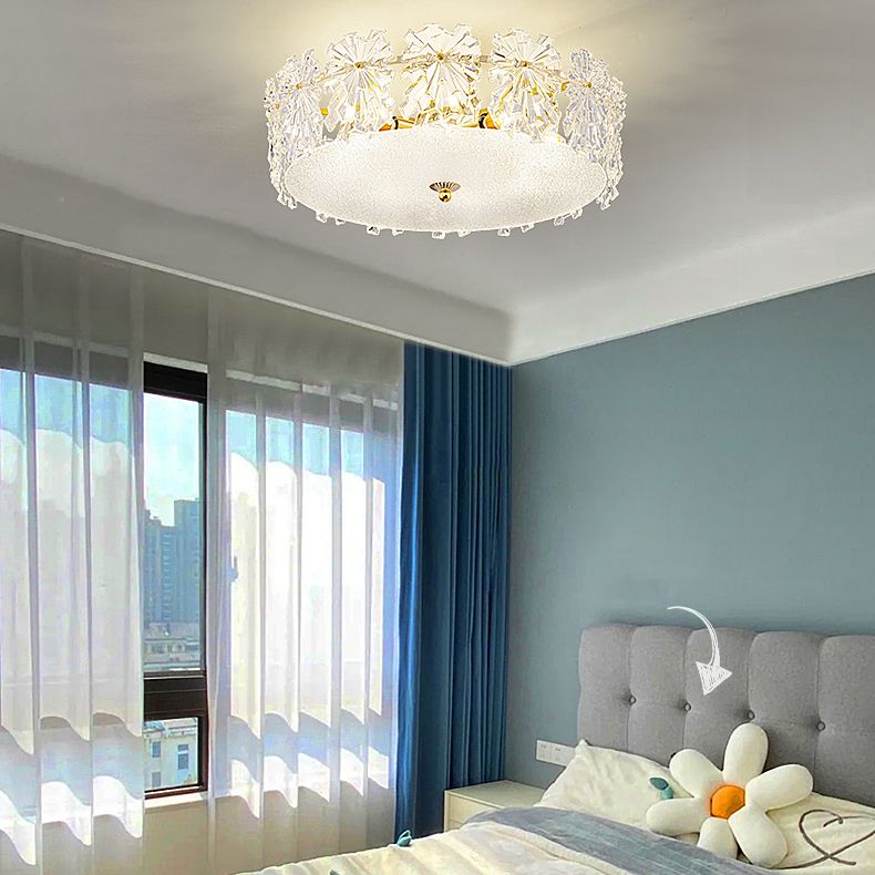 Trommel slaapkamer semi-flush lamp traditionele multi-head gouden plafondverlichting met glazen schaduw