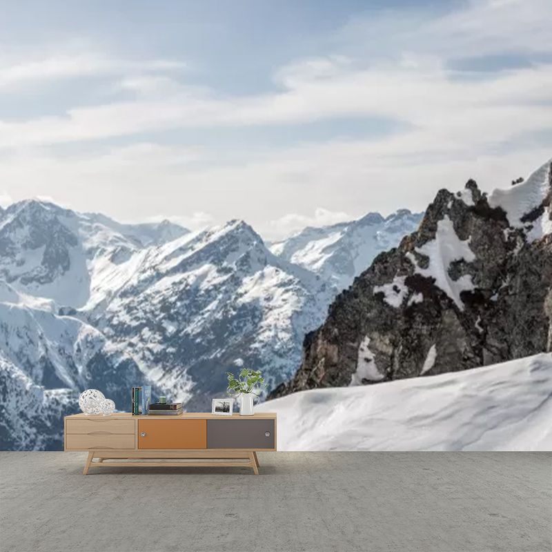 Modern Snowy Mountain Range Murals Blue and White Winter Landscape Wall Covering