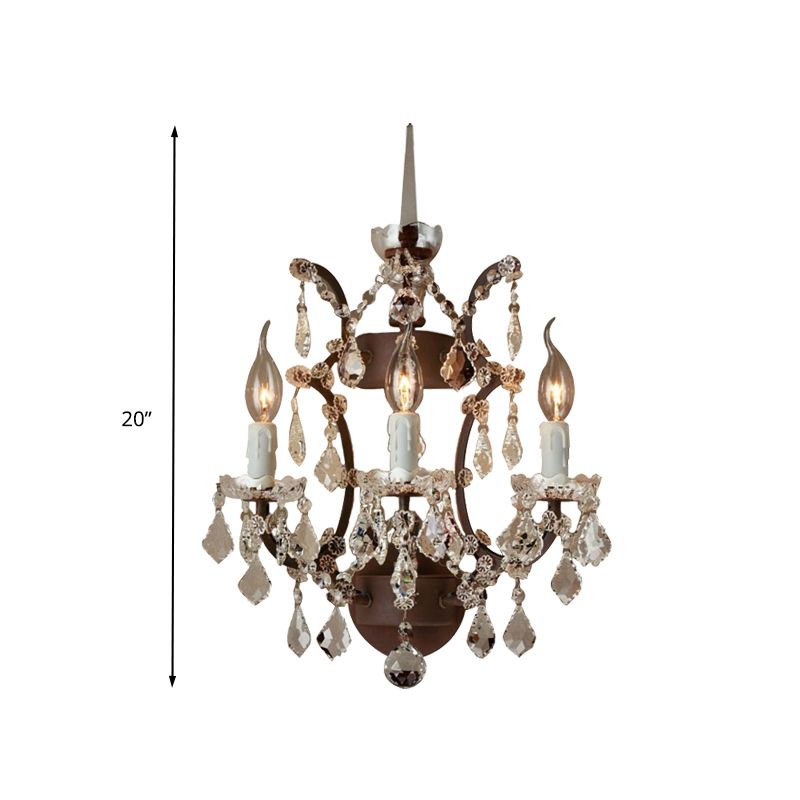 Candle Living Room Sconce Light Rustic Clear Crystal 3 Lights LED Wall Lighting Fixture in Rust