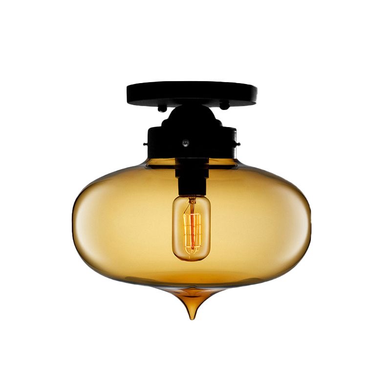 Black One Light Ceiling Mount Industrial Red / Brown / Amber Glass Oval Shade Semi Flush Light for Dining Room