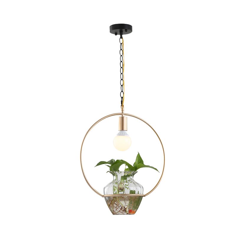 1 Head Metal Ceiling Light Antique White/Gold Round Restaurant LED Down Lighting Pendant with Plant Can Decoration