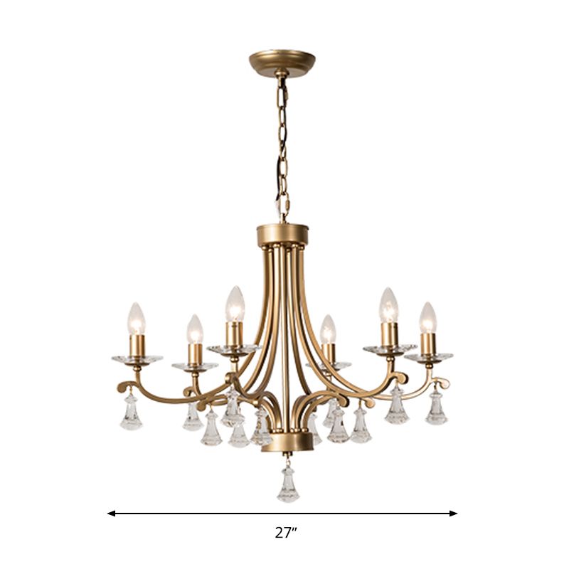 Brass Curvy Chandelier Pendant Light Rural Crystal 6/9 Lights Living Room Suspension Lighting Fixture
