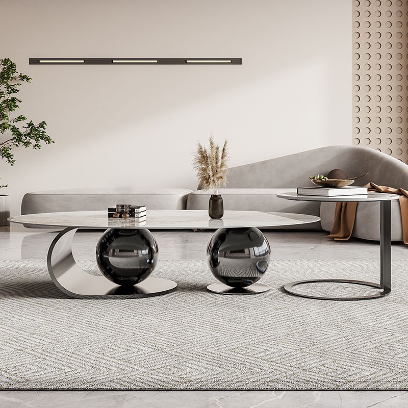 27" Wide Glam Coffee Table Stone Oval Black Coffee Cocktail Table