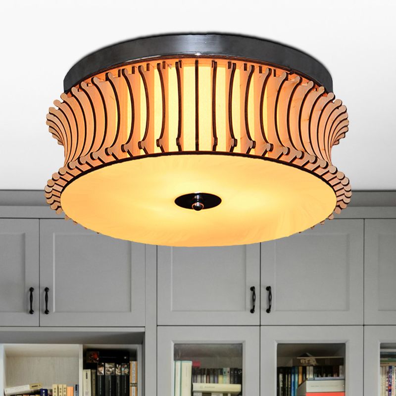 Drum Flushmount Lighting Contemporary Wood 3 Heads Beige Flush Mount Ceiling Lamp
