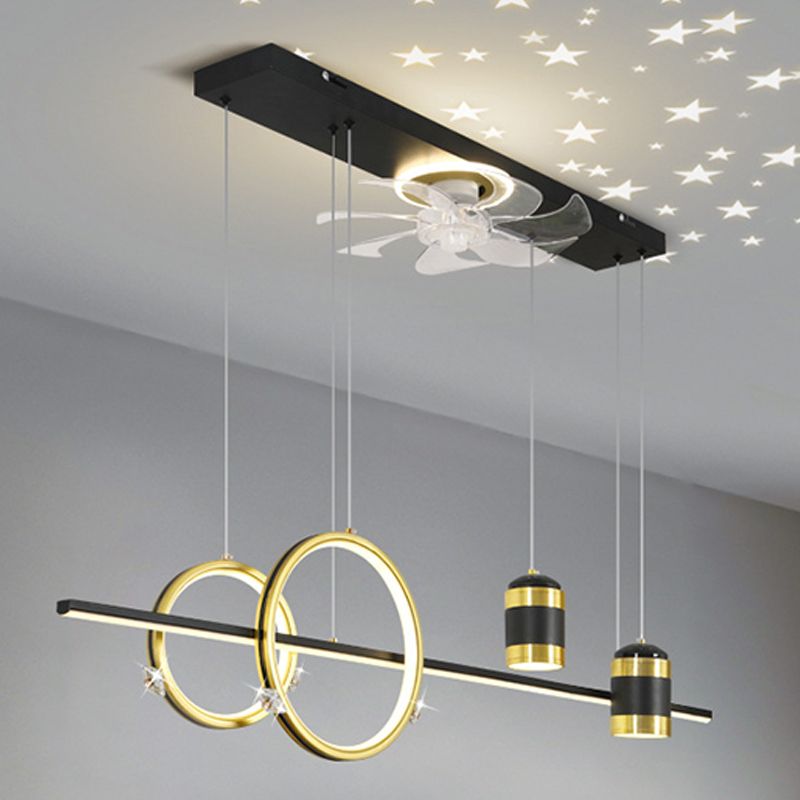 Geometric Island Lights Modern Metal Island Lamp with Fan in Black and Gold