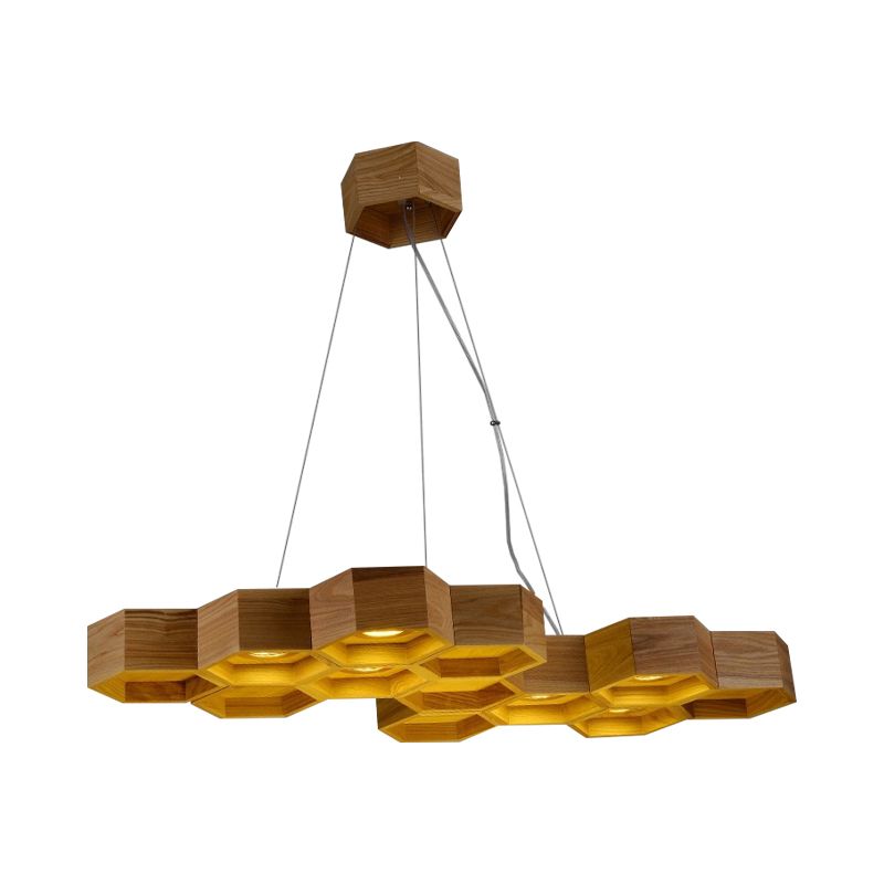 Modernism Beehive Suspension Light Wooden 6-Light Dining Room Chandelier Pendant in Brown