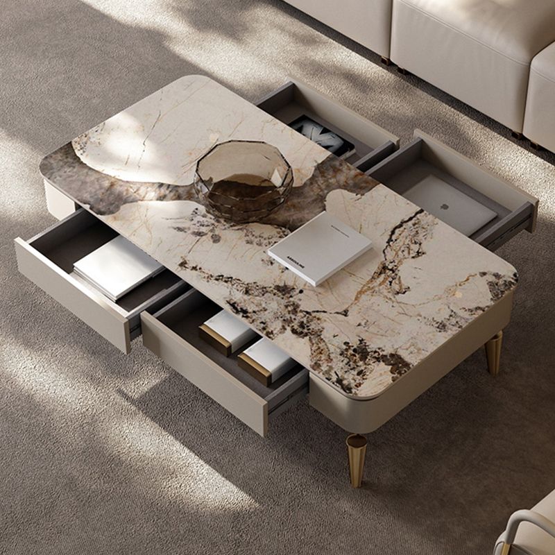 4 Legs Cocktail Table Modern Rectangle Single Coffee Table with 4 Drawers