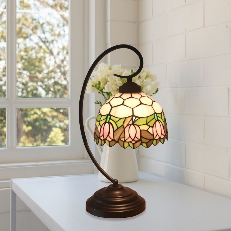 Bronze Curvy Night Light Baroque 1 Head Metal Red/Pink Rose/Tulip Patterned Desk Lighting with Bowl Cut Glass Shade