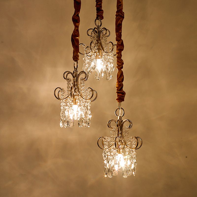 Metal Curvy Arm Multi Pendant Light Simplicity 3 Heads Gold Ceiling Lighting with Crystal Strands