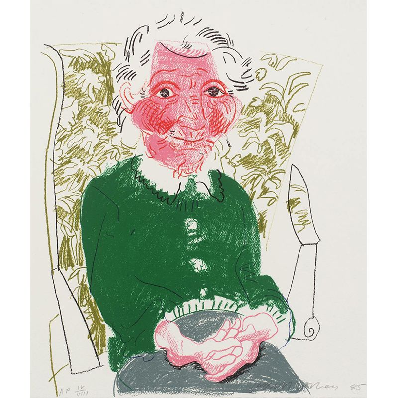 Non-Woven Large Pink-Green Mural Artistic David Hockney Portrait of Mother Wall Decor, Custom Printed