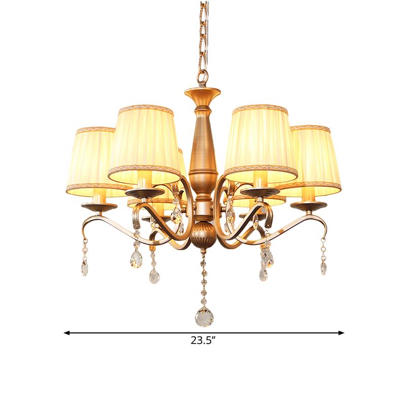 Traditionele vatschaduw Hanglicht 6 lampen geplooide stof plafond kroonluchter met goud gebogen arm