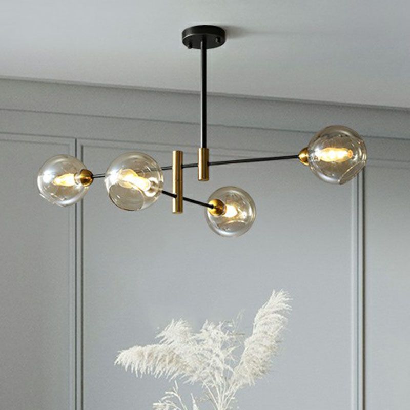 Glass Dome Chandelier Minimalism Black and Brass Suspended Lighting Fixture for Dining Room