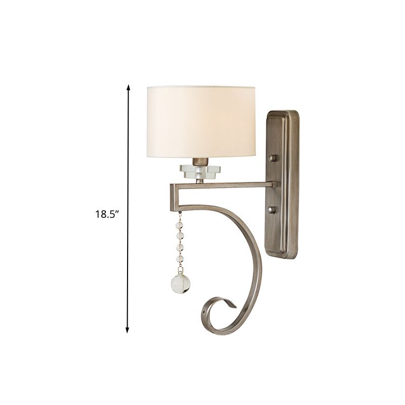 1 Bulb Crystal Wall Sconce Traditional Bedroom Wall Lighting Fixture with Drum Fabric Shade in Nickle