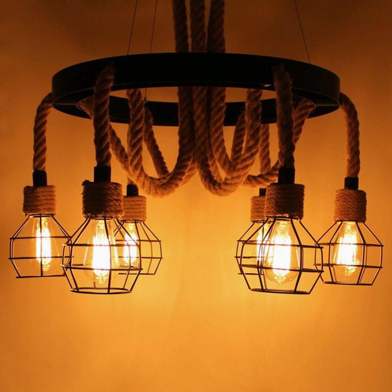 Black 6-Light Chandelier Industrial Iron Cage Pendant Light with Hemp Rope for Dining Room