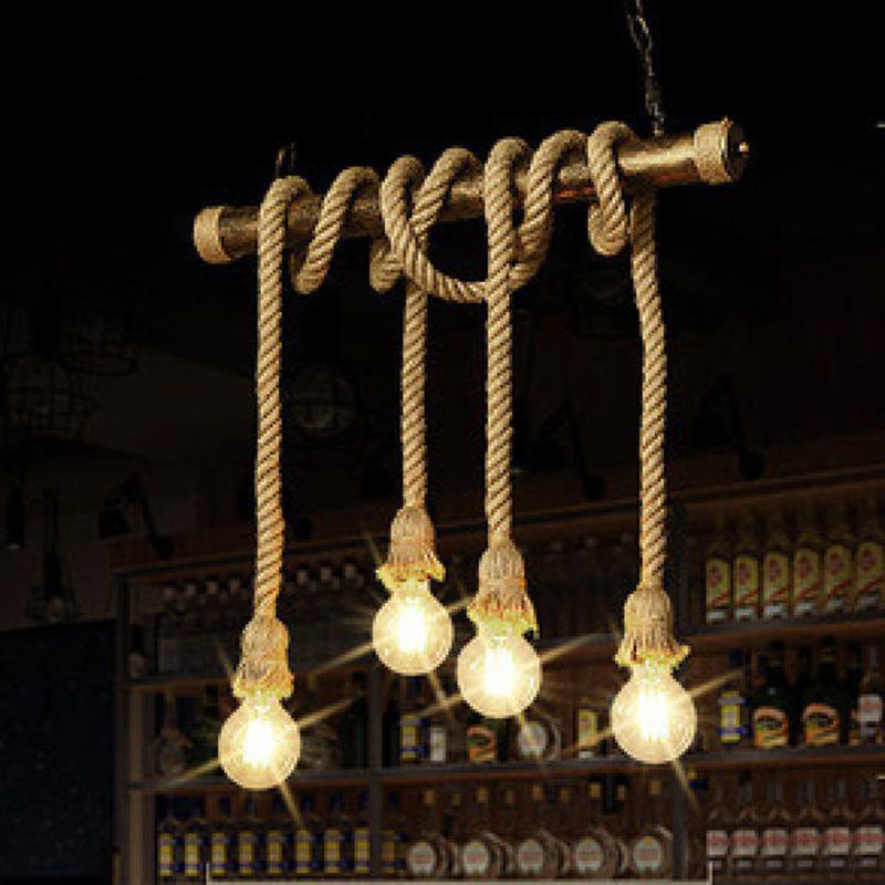 Vintage Multi Lights Island Lighting Fixtures Linear Rope Hanging Ceiling Light in Brown