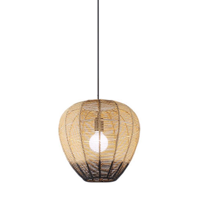 1 Light Tea Room Suspension Light Modern Wood and Black Ceiling Hang Fixture with Waterdrop Rattan Shade