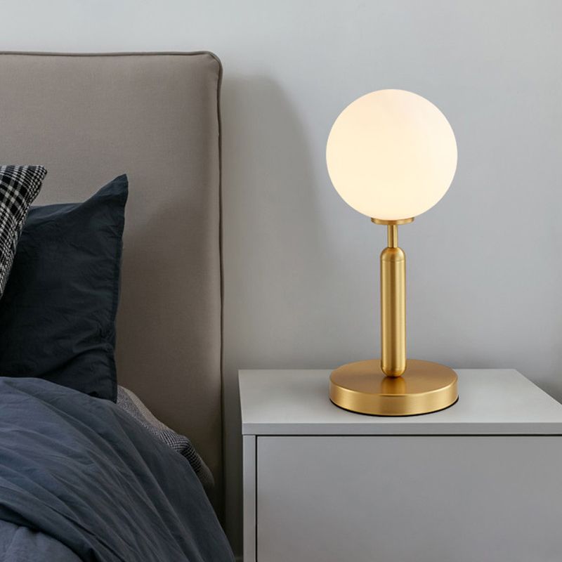 Modern 1-Head Table Lighting Brass Ball Metal Night Lamp with Frosted White Glass Shade