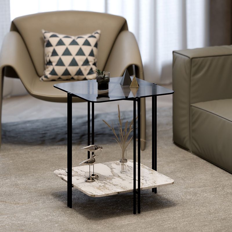 Glass Square 4 Legs Side Table 23.6" Tall End Table with Storage Shelf